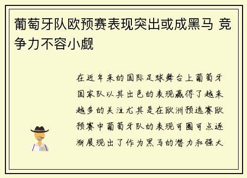 葡萄牙队欧预赛表现突出或成黑马 竞争力不容小觑