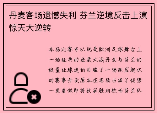 丹麦客场遗憾失利 芬兰逆境反击上演惊天大逆转