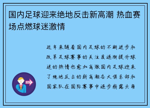 国内足球迎来绝地反击新高潮 热血赛场点燃球迷激情