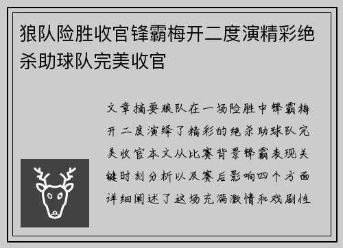 狼队险胜收官锋霸梅开二度演精彩绝杀助球队完美收官