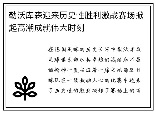 勒沃库森迎来历史性胜利激战赛场掀起高潮成就伟大时刻