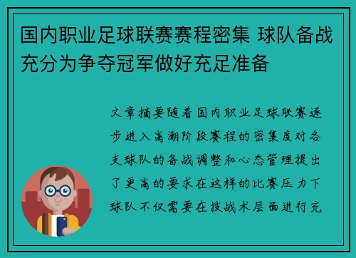 国内职业足球联赛赛程密集 球队备战充分为争夺冠军做好充足准备