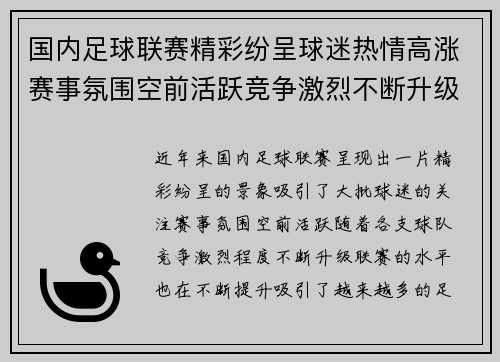 国内足球联赛精彩纷呈球迷热情高涨赛事氛围空前活跃竞争激烈不断升级